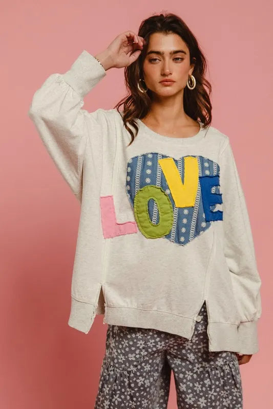 Image of BiBi LOVE Heart Patch Slit French Terry Sweatshirt | Queeble.shop