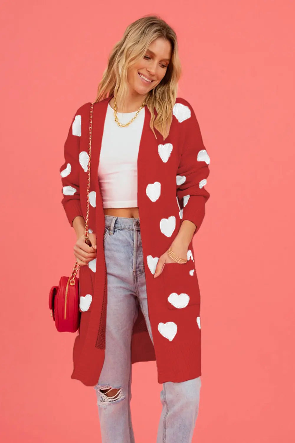 Image of Heart Graphic Open Front Cardigan with Pockets | Queeble.shop