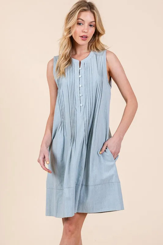 Image of Lime 'N' Chili Denim Pintuck Detail Sleeveless Midi Dress | Queeble.shop