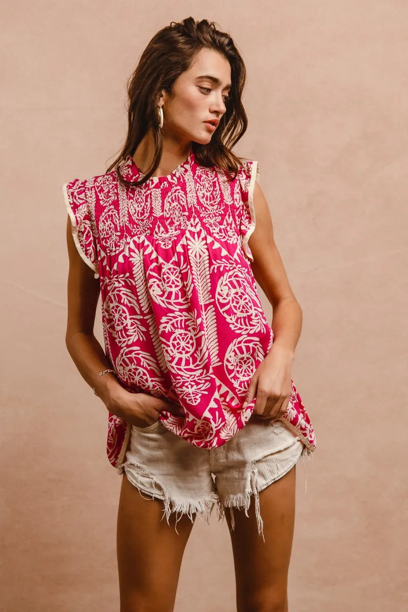 Image of BiBi Printed Ruffle Sleeve Top | Queeble.shop