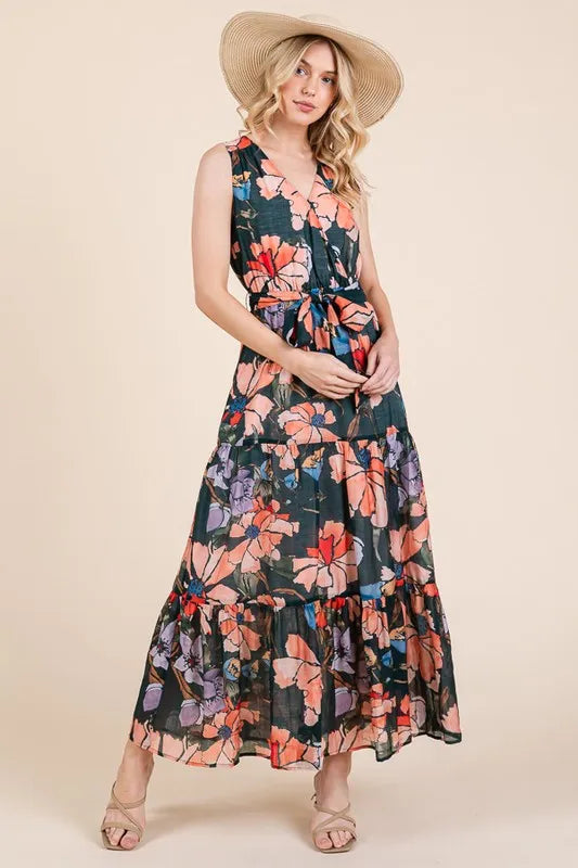 Image of Lime 'N' Chili Floral Print Sleeveless Tie Waist Maxi Dress | Queeble.shop