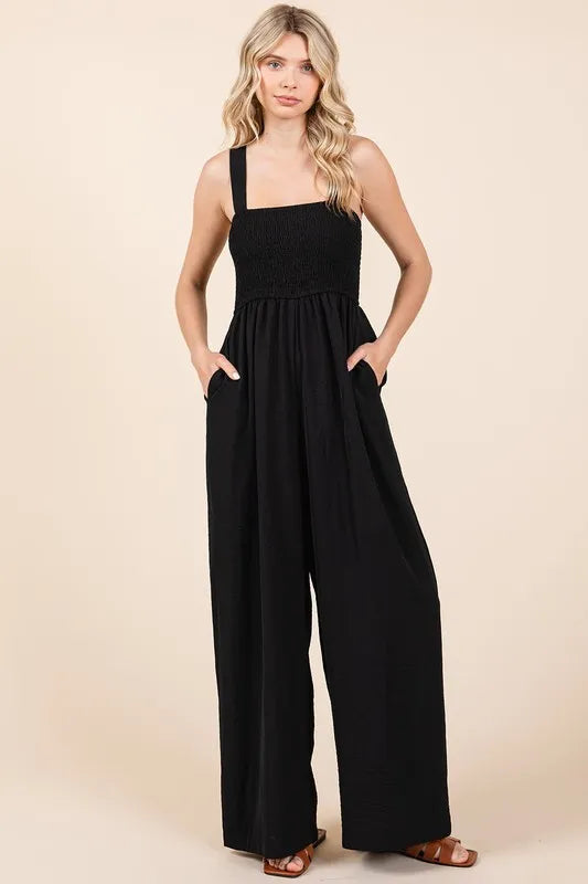 Image of Mittoshop Smocked Wide Strap Wide Leg Overalls | Queeble.shop