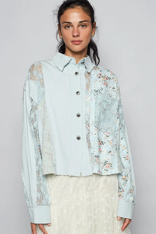 Image of POL Floral Long Sleeve Shirt with Lace Panel Details | Queeble.shop