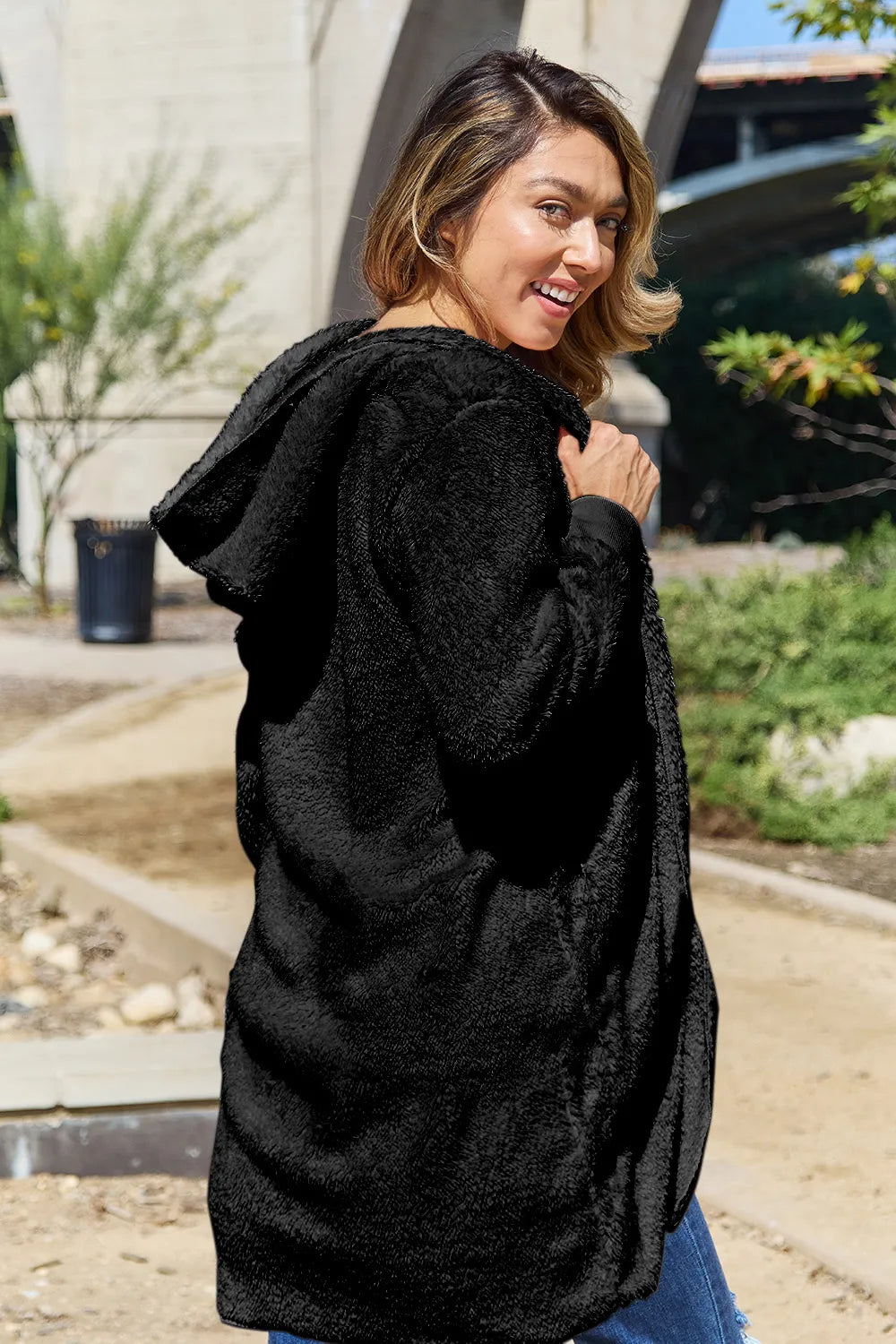 Image of Double Take Full Size Hooded Teddy Bear Jacket with Thumbholes | Queeble.shop