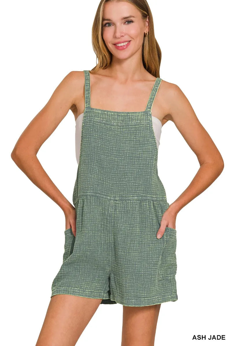 Image of Zenana Washed Double Gauze Tie Back Rompers | Queeble.shop