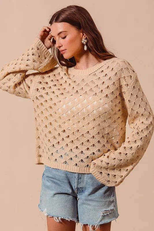 Image of SO ME Geometric Pattern Open Knit Lightweight Sweater | Queeble.shop