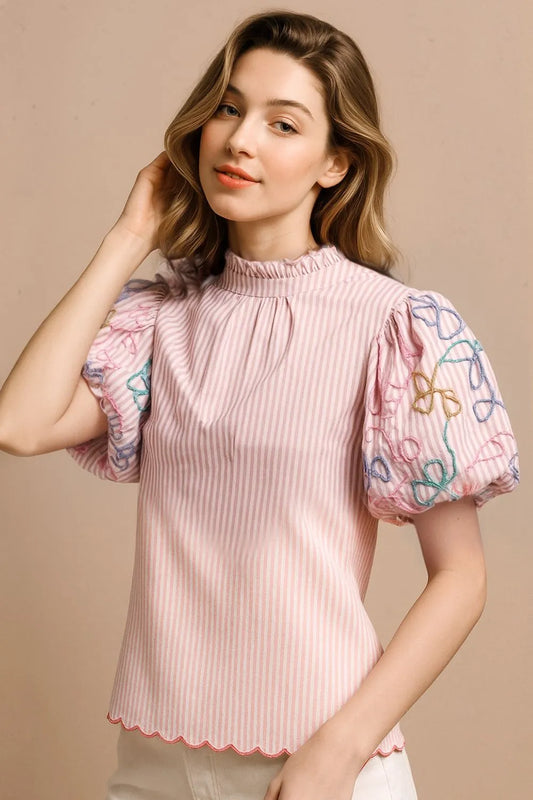 Image of BiBi Embroidery Bubble Sleeve Top With Bottom Scallop Detail | Queeble.shop