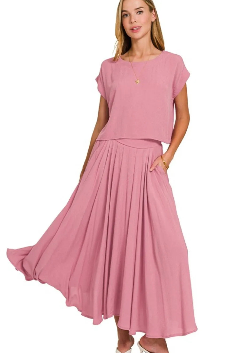 Image of Zenana Woven Crinkle Gauze Crop Tee and Skirt Set | Queeble.shop