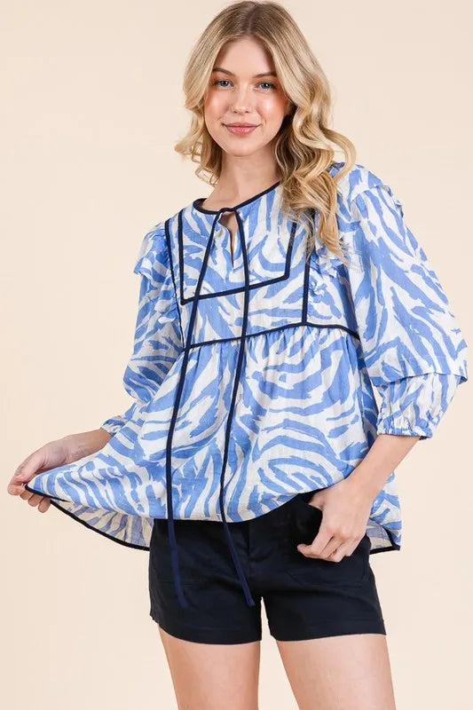 Image of Lime 'N' Chili Graphic Print Solid Trim Quarter Sleeve Blouse | Queeble.shop