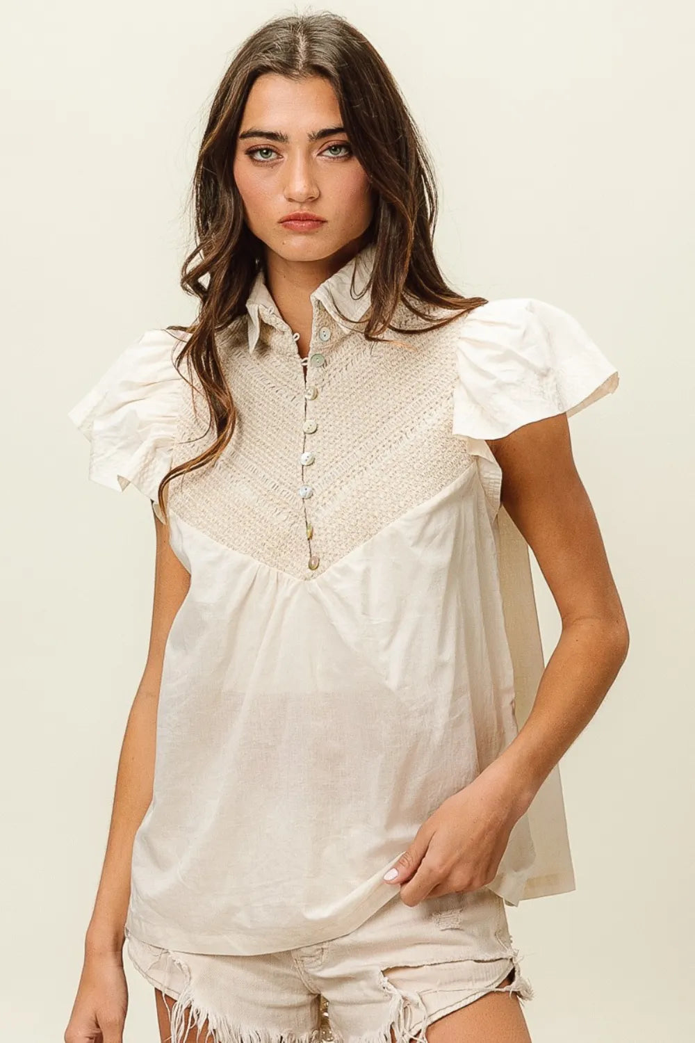 Image of BiBi Half Button Collared Neck Short Sleeve Top | Queeble.shop