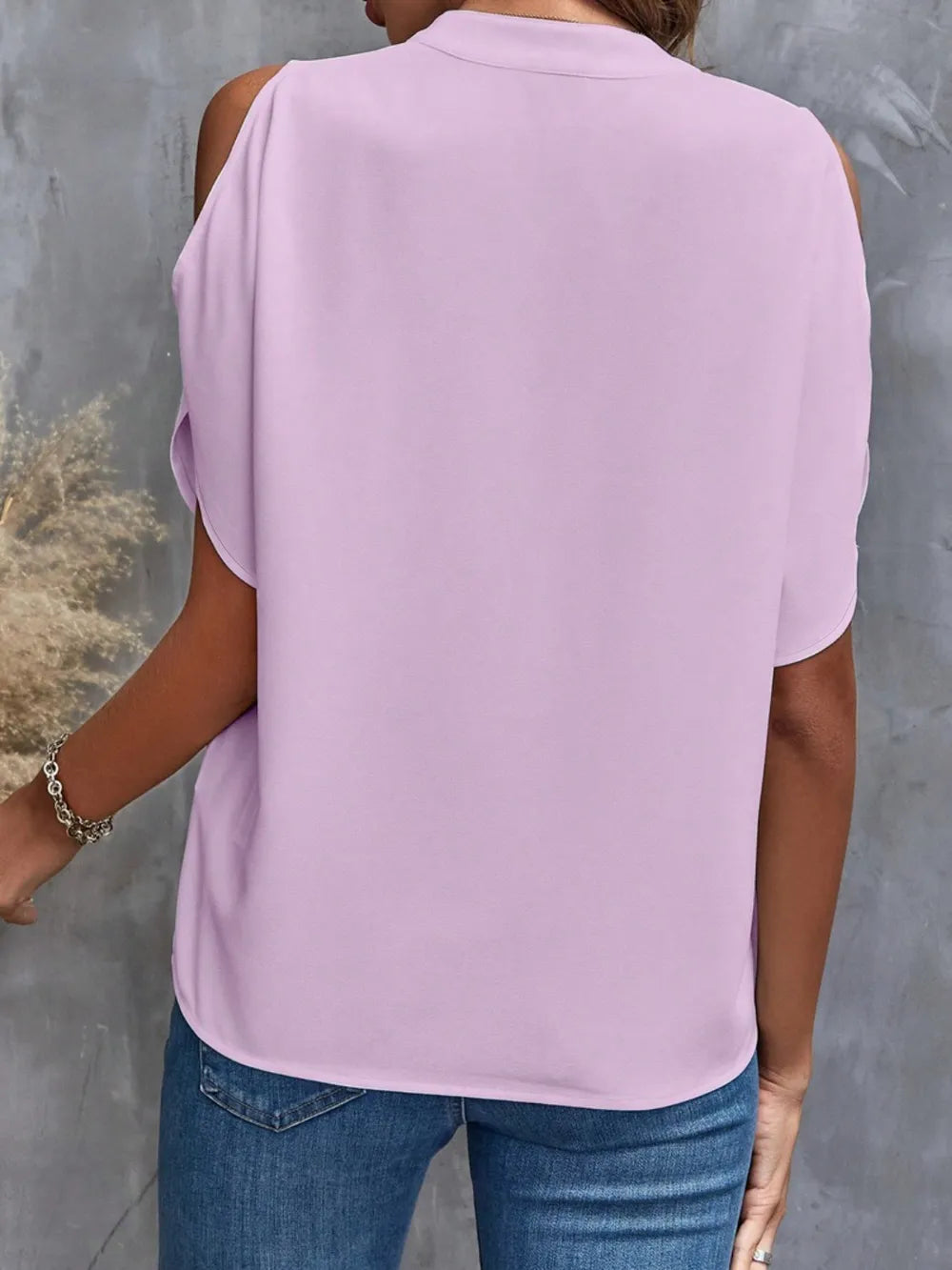 Image of Notched Cold Shoulder Blouse | Queeble.shop