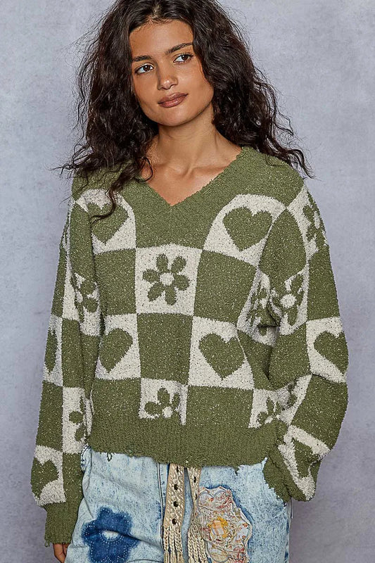 Image of POL V-Neck Heart Pattern Checkered Sweater | Queeble.shop