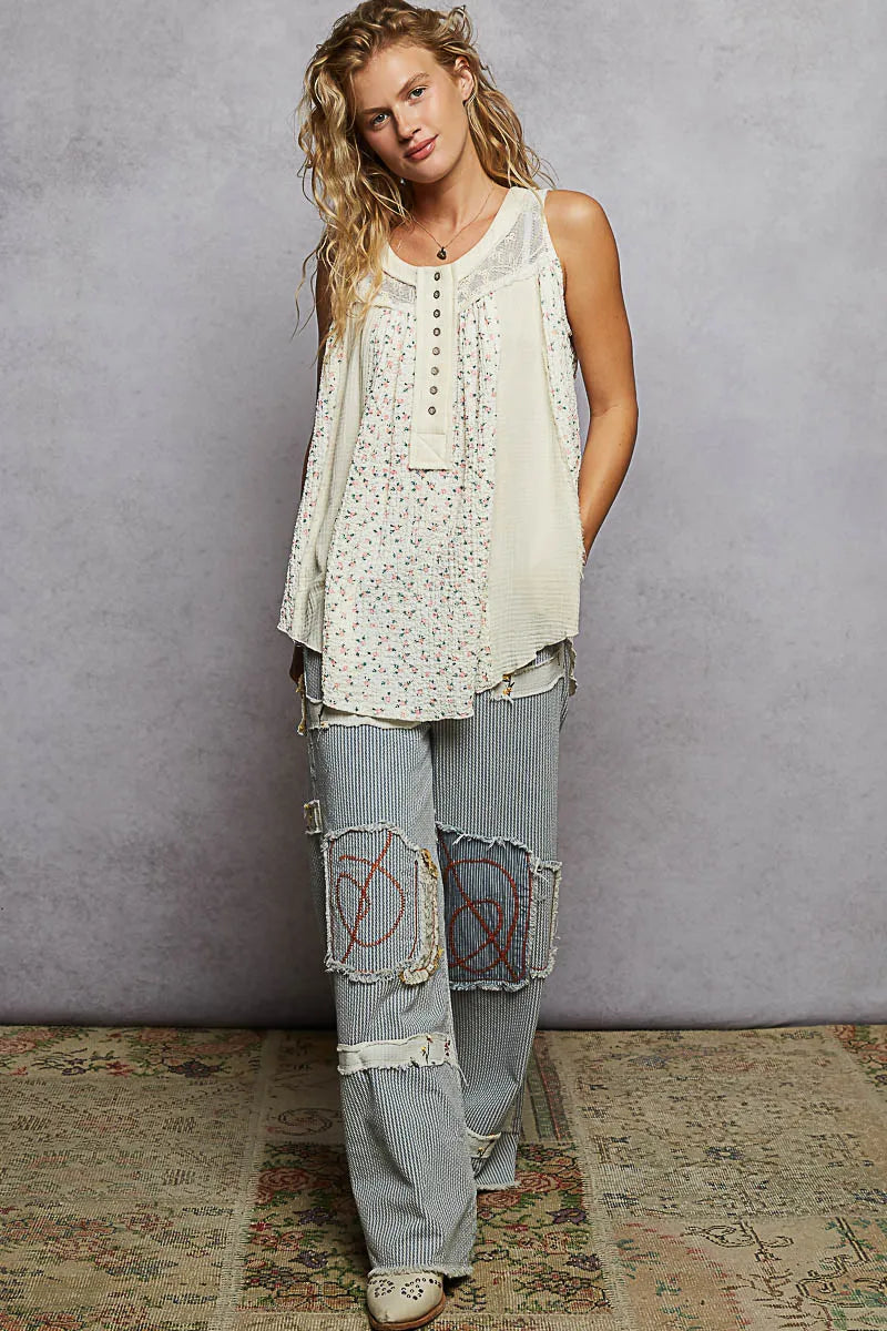 Image of POL Floral Print Button-Front Lace Patchwork Tank Top | Queeble.shop