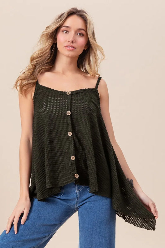 Image of BiBi Popcorn Waffle Knit with Buttoned Front Cami Top | Queeble.shop