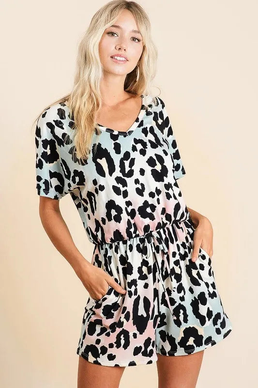 Image of BiBi Gradation Leopard Soft Knit V-neck Romper | Queeble.shop