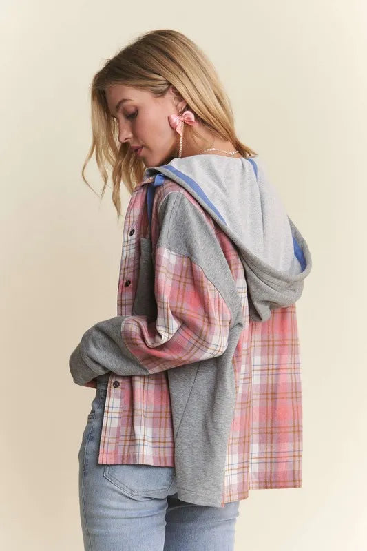 Image of ADORA Button Down Plaid Hoodie Shacket | Queeble.shop