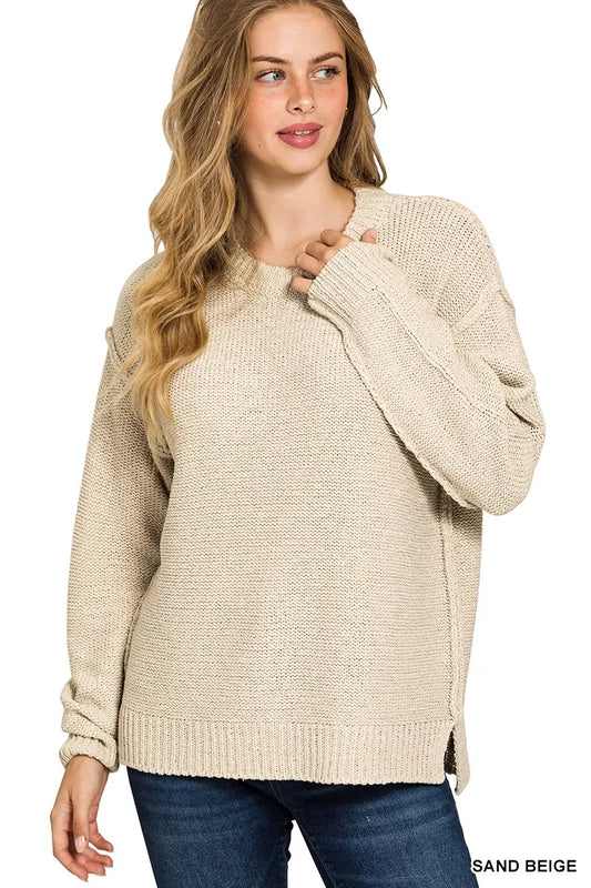 Image of Zenana Exposed Seam Round Neck Sweater | Queeble.shop