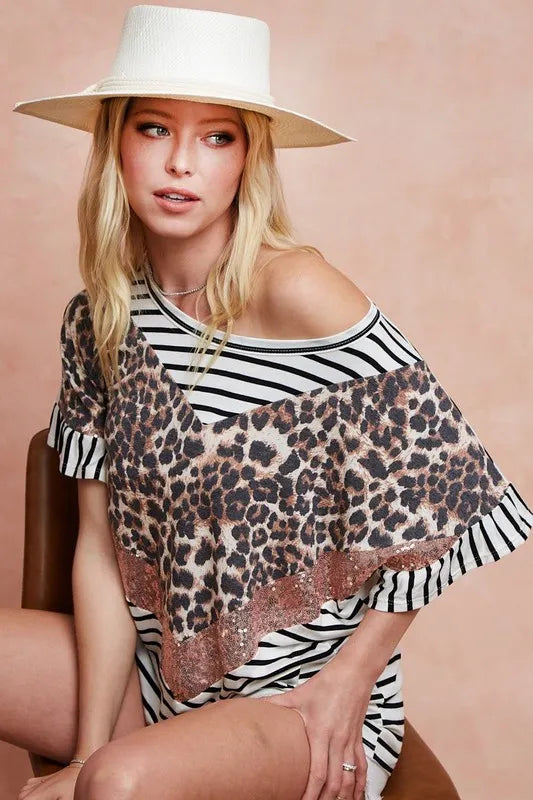 Image of BiBi Stripe Rayon Span Knit Color Block Top With Leopard | Queeble.shop