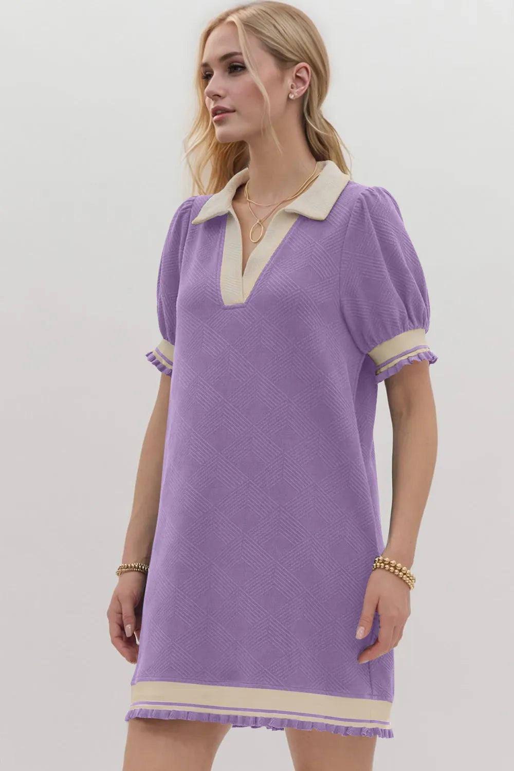 Image of Oh Frill Contrast Trim Johnny Collar Short Sleeve Mini Dress | Queeble.shop