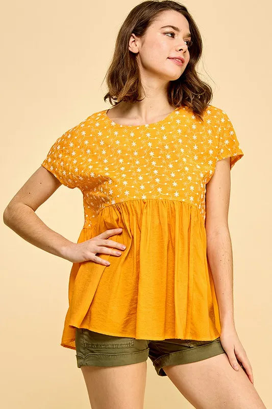 Image of Lime 'N' Chili Embroidered Short Sleeve Pleated Babydoll Top | Queeble.shop