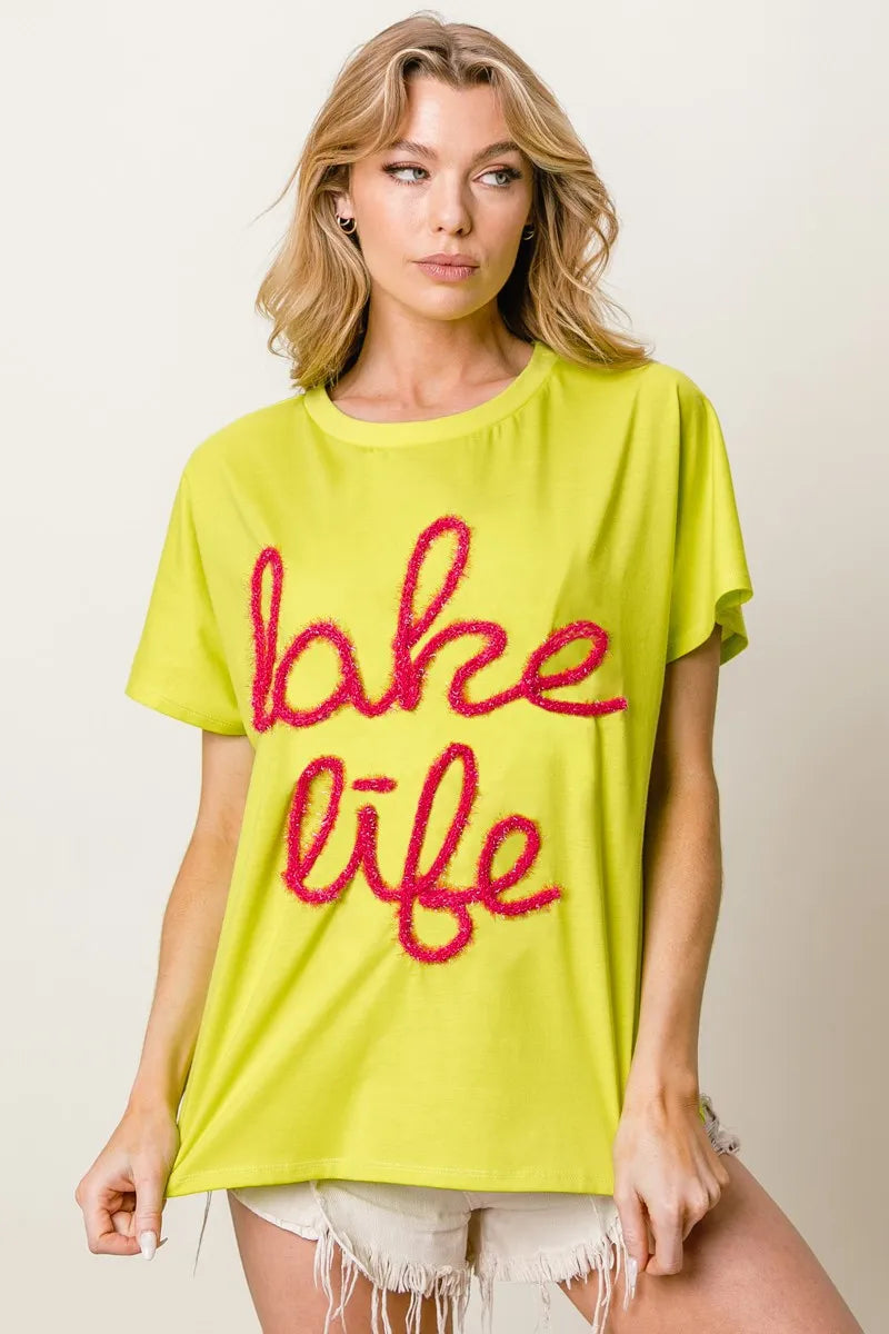 Image of BiBi Metallic Letter Short Dolman Sleeve Top | Queeble.shop
