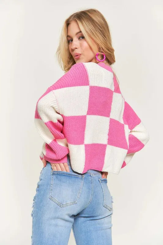 Image of ADORA Plus Size Comfy Checkered Colorblock Sweater Top | Queeble.shop