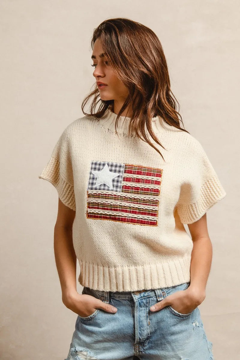 Image of BiBi American Flag Patchwork Drop Shoulder Sweater | Queeble.shop