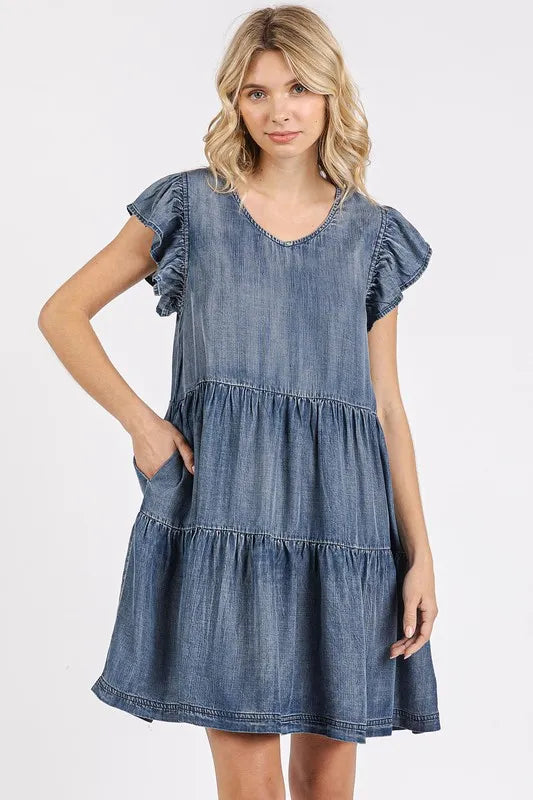 Image of Mittoshop V-Neck Ruffled Cap Sleeve Mini Dress | Queeble.shop