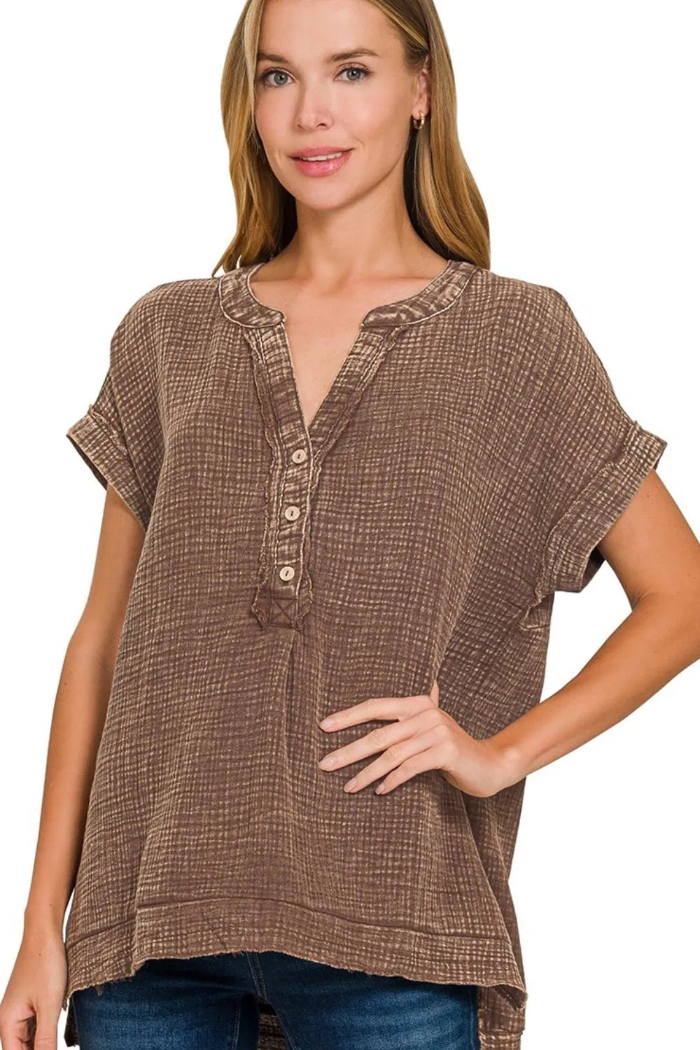 Image of Zenana Washed Double Gauze 3/4 Button Henley Neck Shirt | Queeble.shop