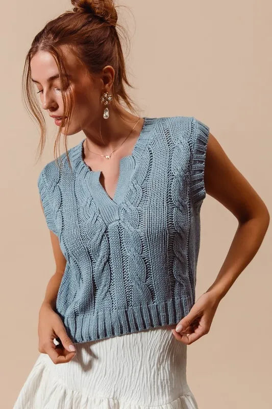 Image of SO ME Notched Neck Cable Knit Sweater Vest | Queeble.shop