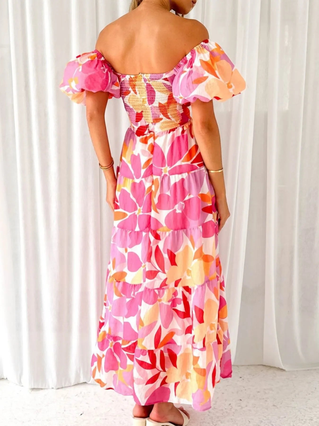 Image of Off-Shoulder Floral Tiered Dress with Ruffle Details | Queeble.shop