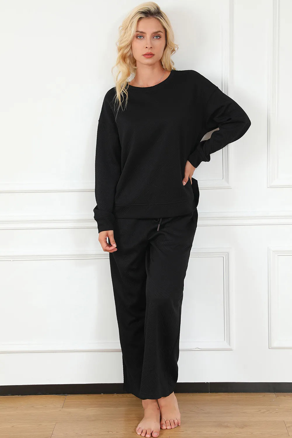 Image of Double Take Full Size Textured Long Sleeve Top and Drawstring Pants Set | Queeble.shop