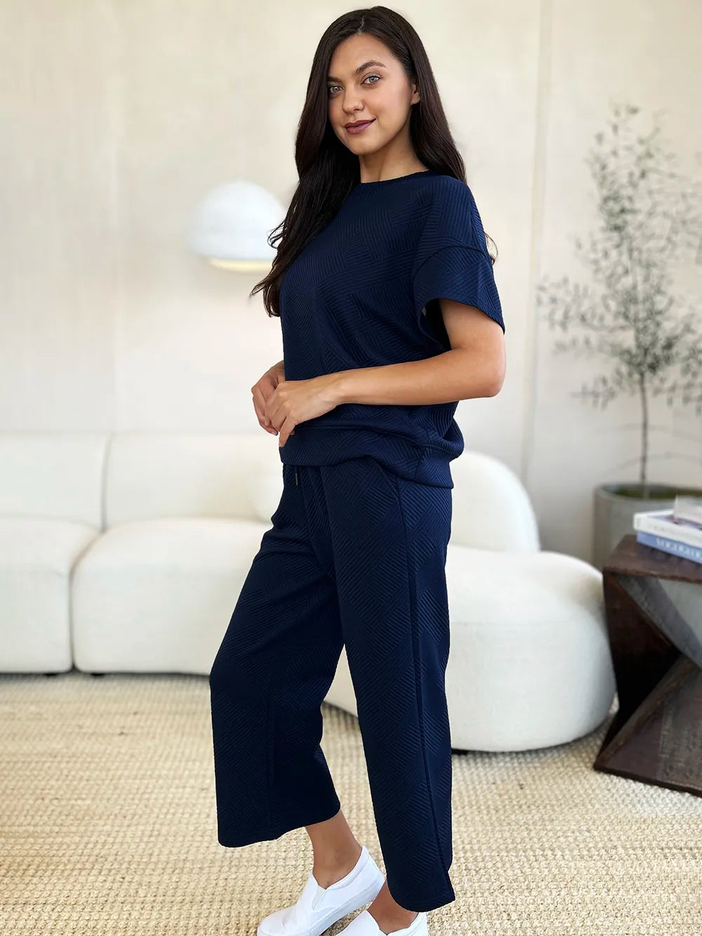 Image of Double Take Full Size Texture Short Sleeve Top and Pants Set | Queeble.shop