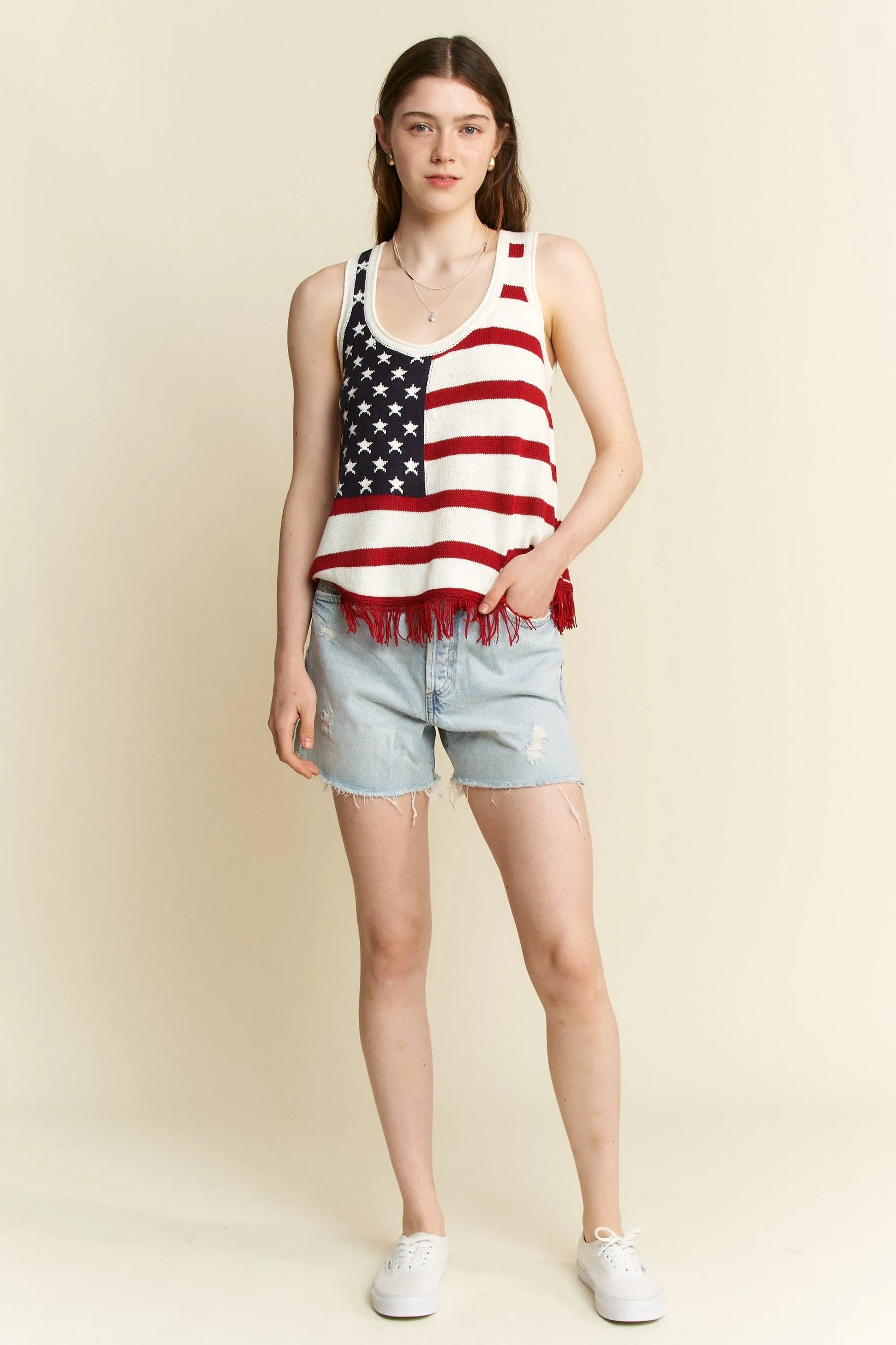 Image of Jade By Jane Full Size American Flag Fringe Tank Top Plus Size | Queeble.shop