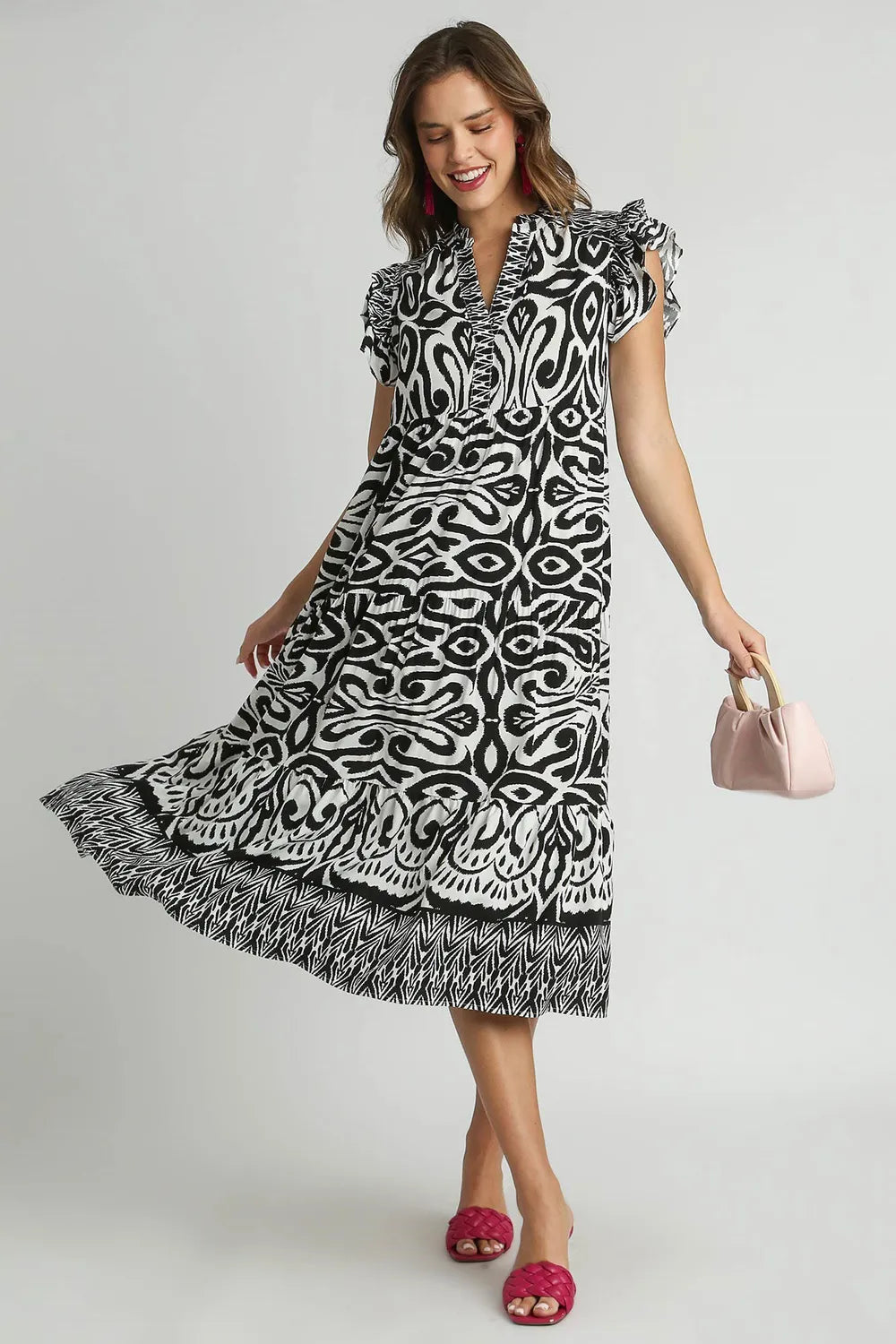 Image of Umgee Full Size Two Tone Border Print Ruffle Cap Sleeve Midi Dress Plus Size | Queeble.shop