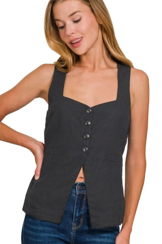 Image of Zenana Linen Tie-back 4-button Vest with Lining | Queeble.shop