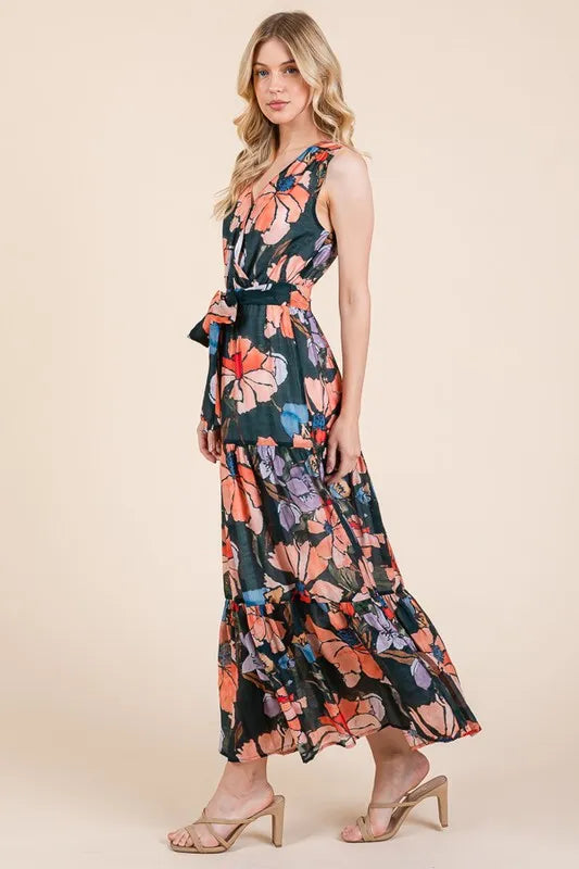 Image of Lime 'N' Chili Floral Print Sleeveless Tie Waist Maxi Dress | Queeble.shop
