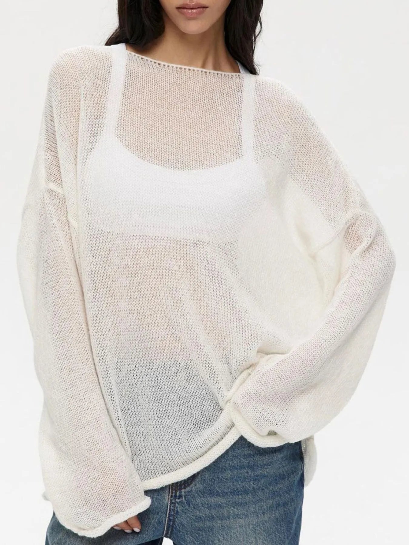 Image of Oversized Drop Shoulder Sheer Knit Top | Queeble.shop