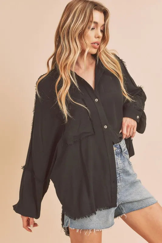 Image of Aemi + Co Raw Edge Exposed Seam Collared Neck Long Sleeve Shirt | Queeble.shop