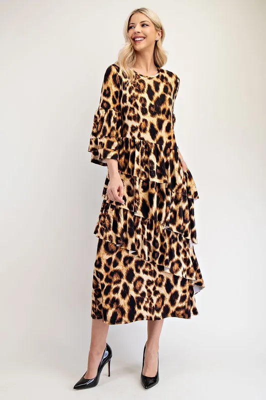 Image of Celeste Full Size Leopard Asymmetrical Ruffle Midi Dress Plus Size | Queeble.shop