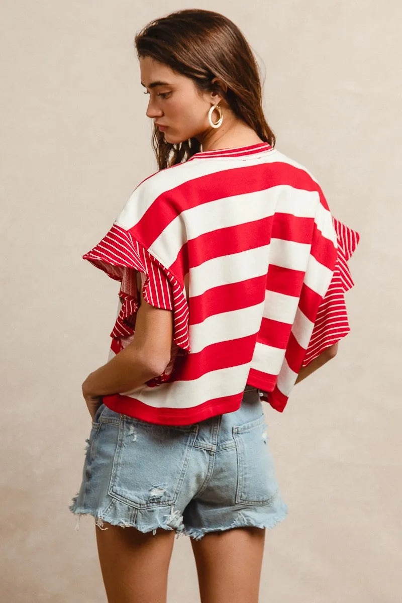 Image of BiBi Stripe Mixed Ruffle Sleeve Top With Leopard Letter | Queeble.shop