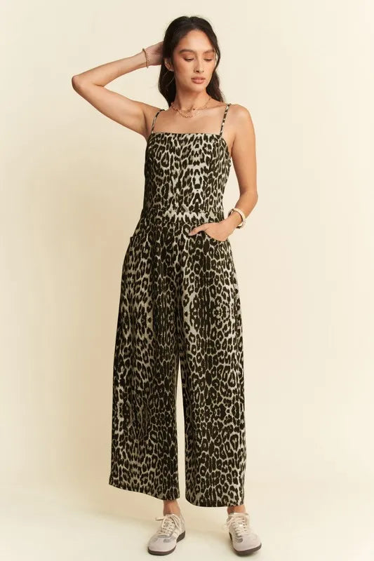 Image of Davi & Dani Leopard Spaghetti Straps Wide Leg Jumpsuit | Queeble.shop