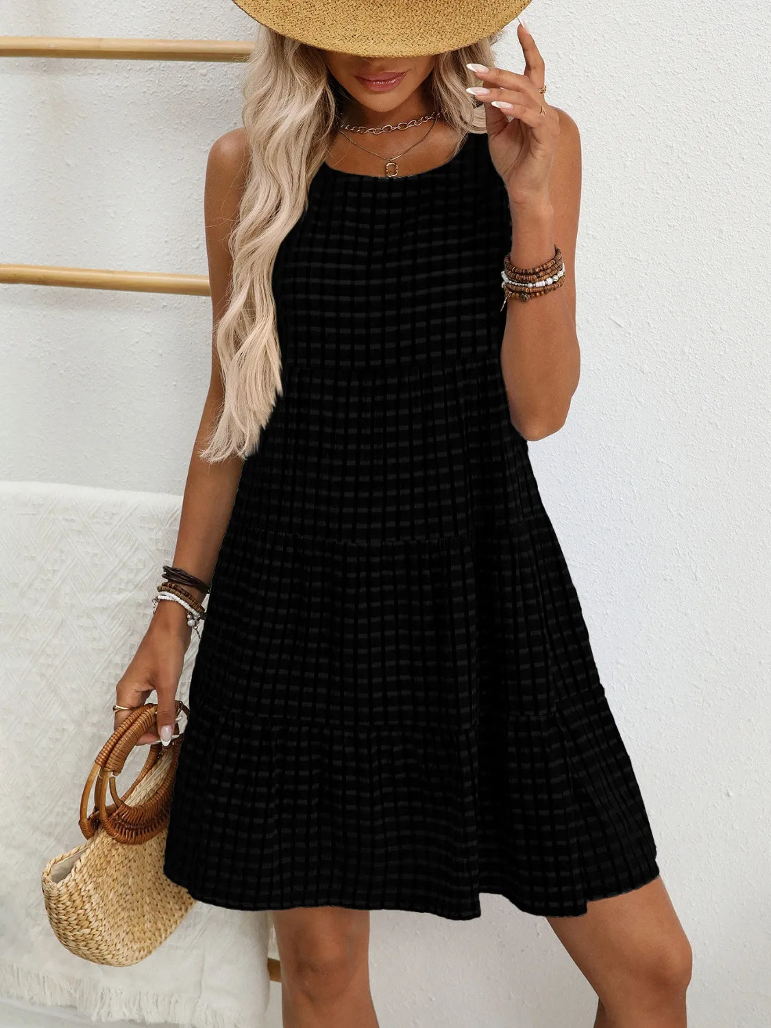 Image of Plaid Round Neck Sleeveless Mini Dress | Queeble.shop