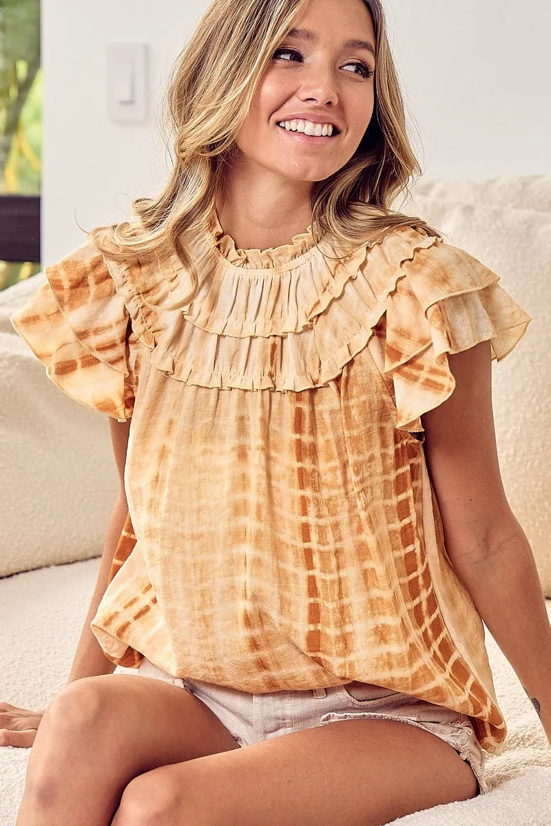 Image of BiBi Tiered Ruffle Neck Tie Dye Top | Queeble.shop