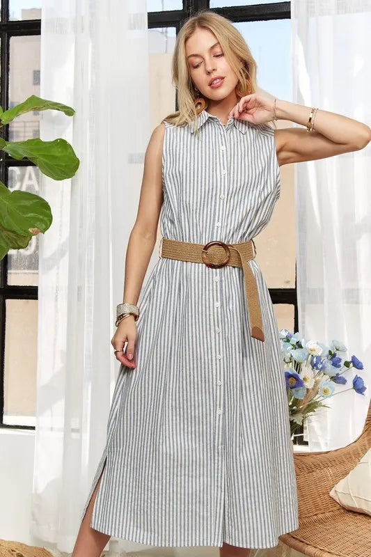 Image of ADORA Striped Button Down Sleeveless Midi Dress | Queeble.shop