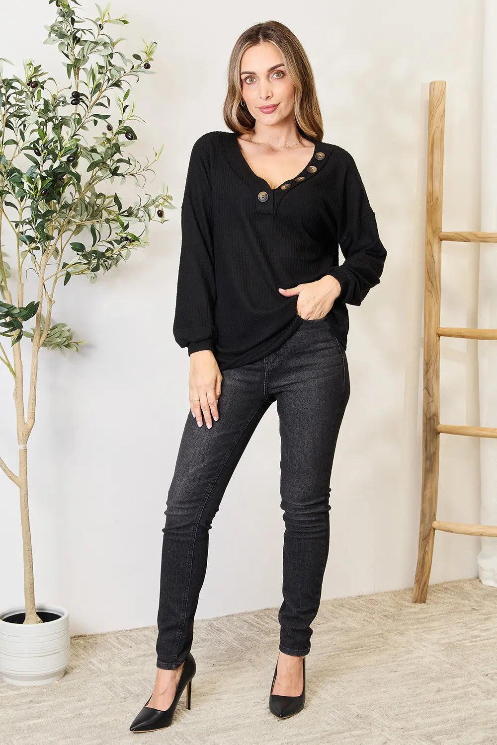 Image of Zenana Buttoned Long Sleeve Blouse | Queeble.shop