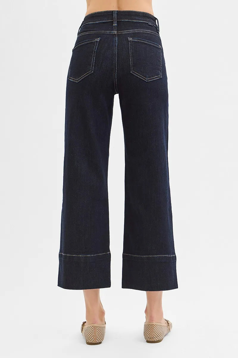 Image of RISEN Tummy Control High Rise Crop Wide Seam Detailed Jeans | Queeble.shop