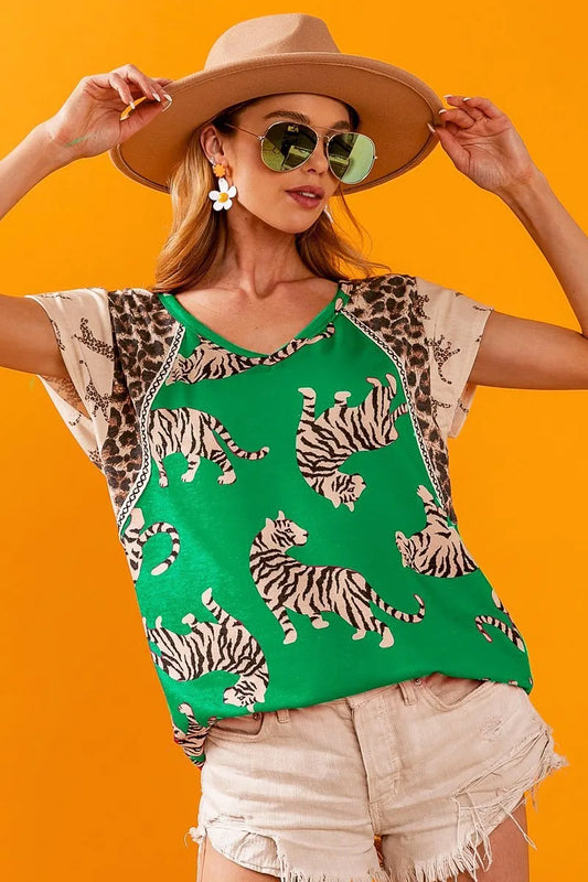 Image of BiBi Tiger Printed Jersey Block T-Shirt with Aztec Trim | Queeble.shop