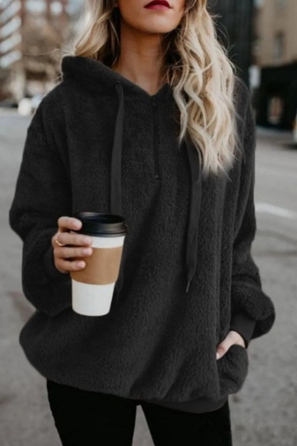 Image of Full Size Quarter-Zip Drawstring Teddy Hoodie | Queeble.shop