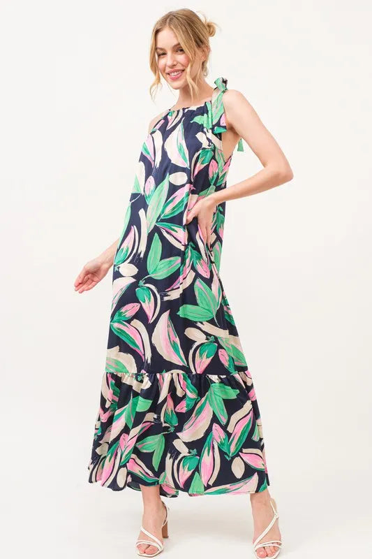 Image of And The Why Botanical Printed Halterneck Tiered Maxi Dress | Queeble.shop